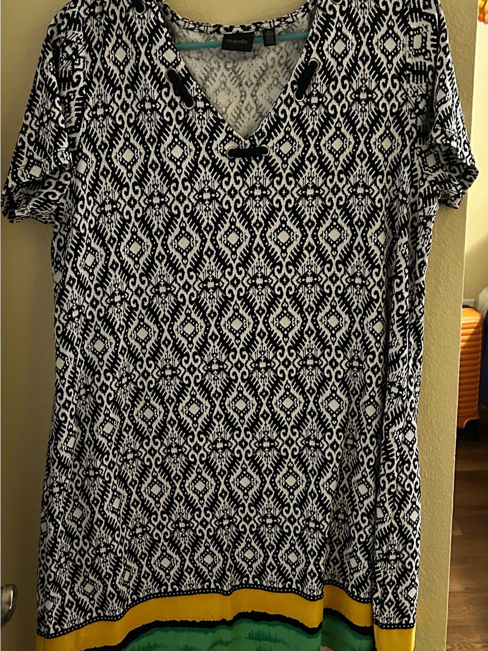 Rafaella Black & White Geo Print V-Neck Tunic with Yellow, Red and Green Hem